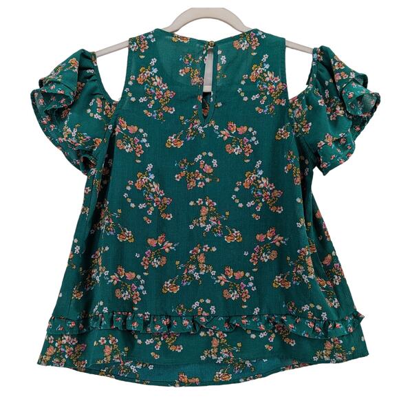 Xhilaration Floral Blouse XS Green Juniors Cold Shoulder Cutout Ruffle Keyhole - Picture 2 of 7
